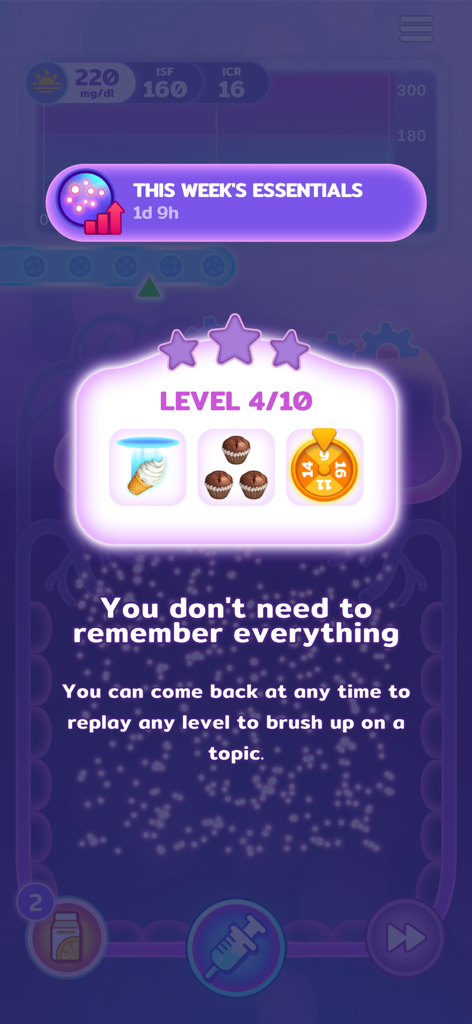 Level One: A Diabetes Game - Educational screen from Level One A Diabetes Game explaining how users can replay levels to practice carb counting and insulin management.