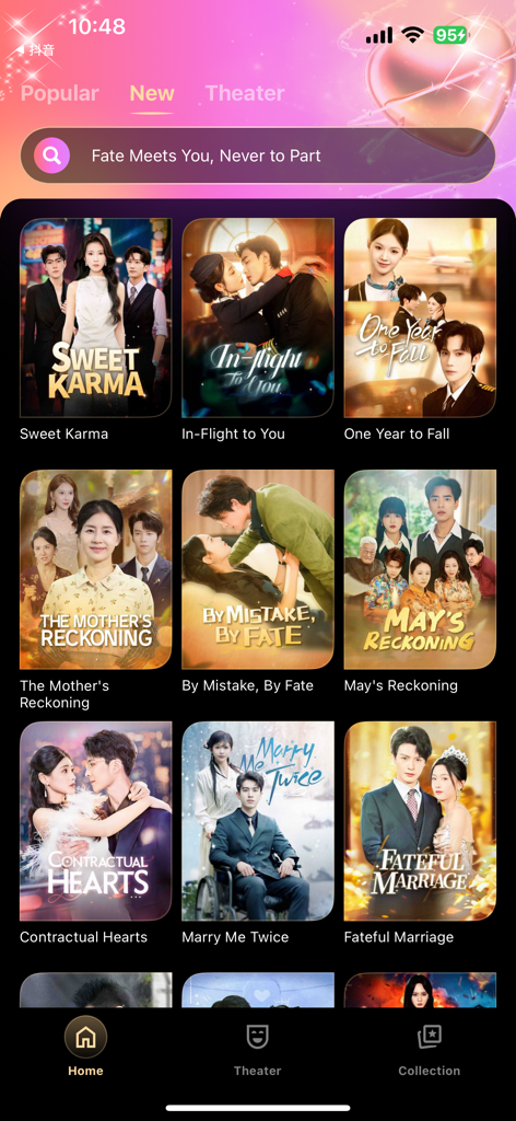 ReelCrush - Interfaz de la app móvil ReelCrush mostrando una galería de títulos de dramas cortos nuevos, incluyendo Sweet Karma y Contractual Hearts