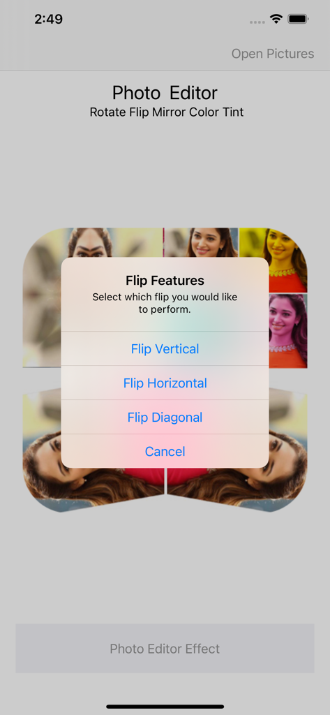 Mobile app interface showing the flip features menu with vertical horizontal and diagonal options