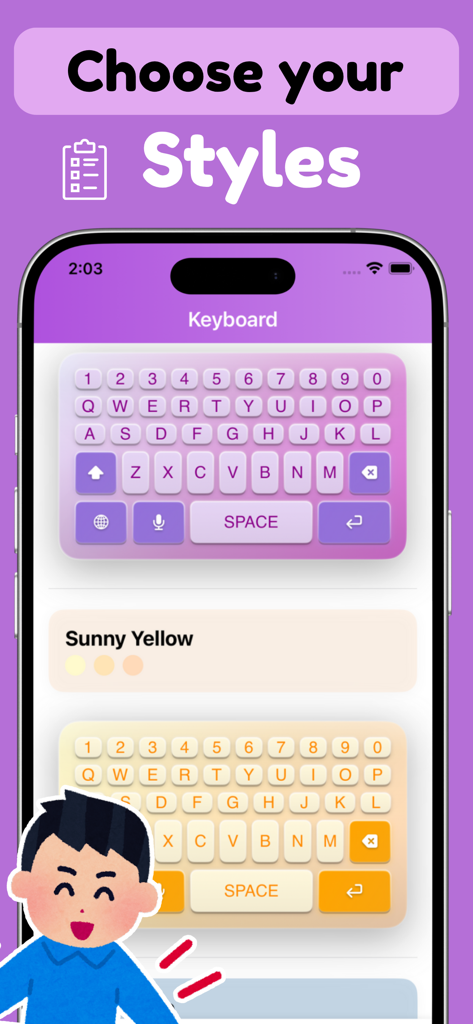 Keyboard fonts & themes - Qety - Interface showing multiple colorful keyboard style options in the Qety app.