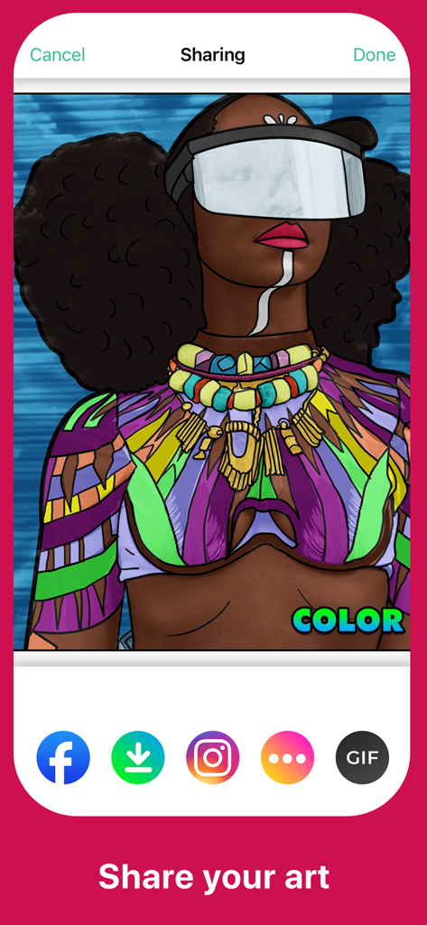 Sharing interface of Color Noir app featuring a completed digital illustration of a Black woman with social media icons.