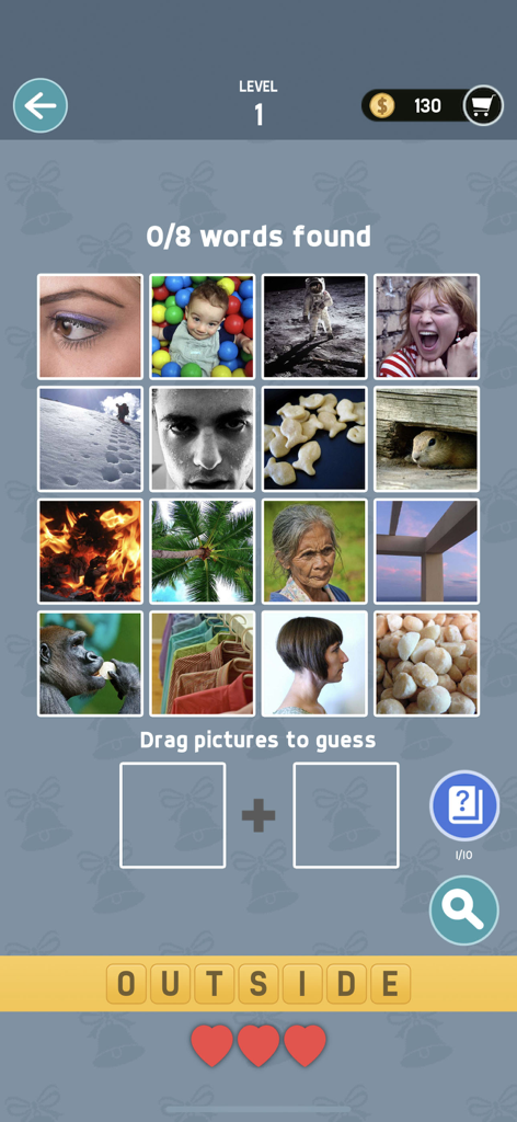 Pictowordゲームのスクリーンショットで、レベル1の絵文字単語パズルが表示されます。