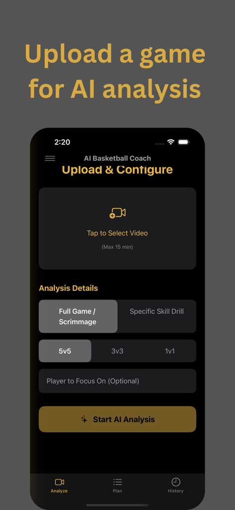 Hoopr AI - Hoopr AI app screen for uploading and configuring basketball game video for AI analysis