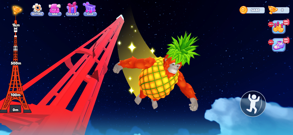 Brainzot Climb and Jump - Un personaggio scimmia con la pelle di ananas che salta accanto a una grande torre rossa nel gioco Brainzot.