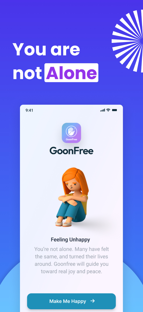 GoonFree - Stop Gooning & Porn - Tela de boas-vindas do aplicativo GoonFree mostrando um personagem infeliz e o texto 'você não está sozinho'
