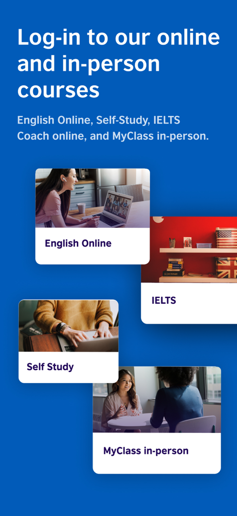 British Council English app screen showing online and in-person course options including IELTS and Self Study