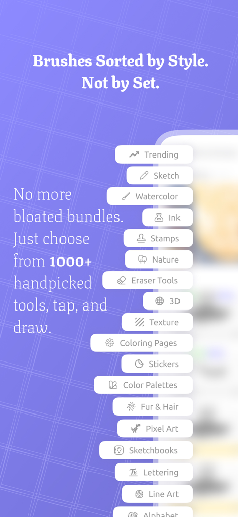 Tools & Brushes for Procreate - Una lista de categorías de pinceles de arte digital en la aplicación Rococo organizada por estilo como boceto de acuarela y tinta.