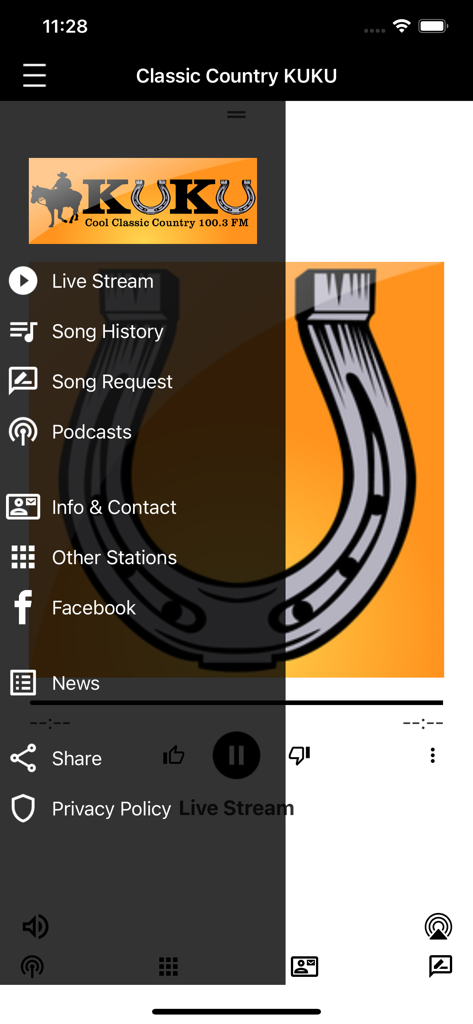 KUKU 100.3 - Menú de navegación lateral de la aplicación de radio KUKU 100.3 que muestra opciones para transmisión en vivo y peticiones de canciones