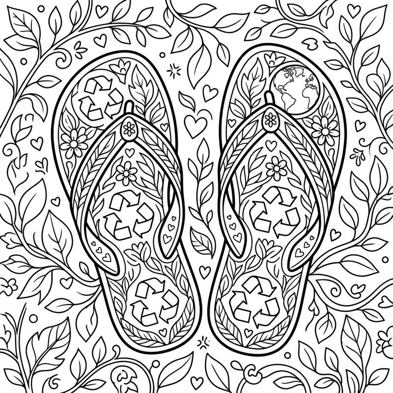 Dive into an eco-friendly coloring adventure with this unique Earth Day sandals design. It beautifully combines summer footwear with powerful symbols of recycling and environmental care, perfect for all ages.