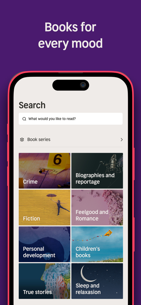 Nextory app search interface showing book categories like Crime, Fiction, and Personal development.