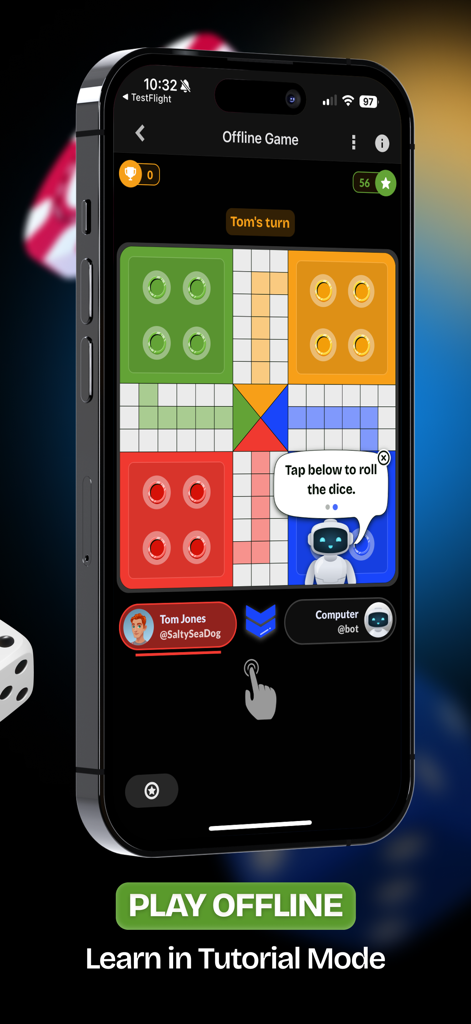 Captura de tela do aplicativo móvel Uckers mostrando jogabilidade do jogo de tabuleiro offline e modo tutorial