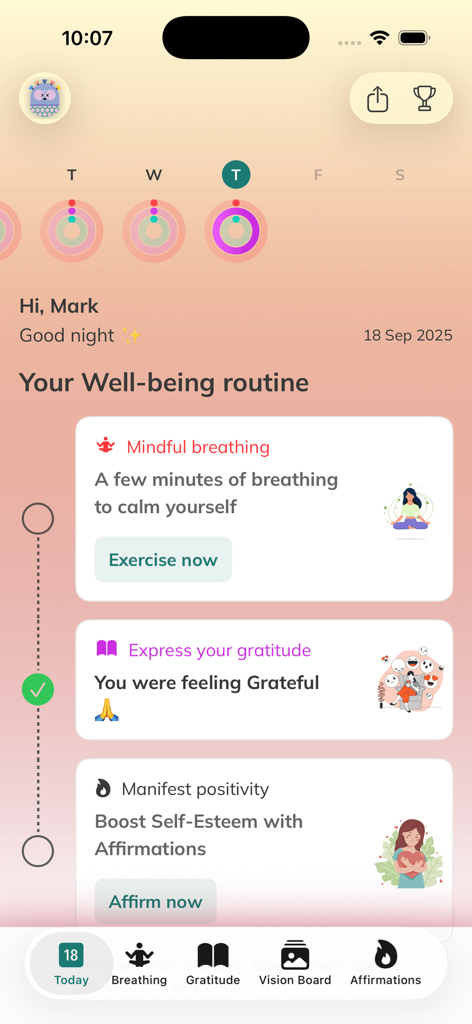 My Wellbeing: Gratitude App - Una captura de pantalla del panel de la aplicación My Wellbeing que muestra una rutina diaria con ejercicios de respiración, diario de gratitud y afirmaciones.