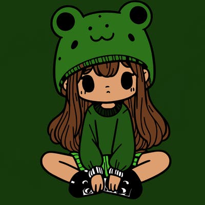 a girl wearing a frog hat and some frog socks
