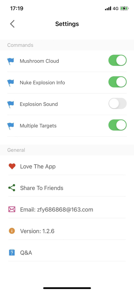 Nuke Simulator - Blast Map - Settings menu of the Nuke Simulator app with configuration toggles for blast effects
