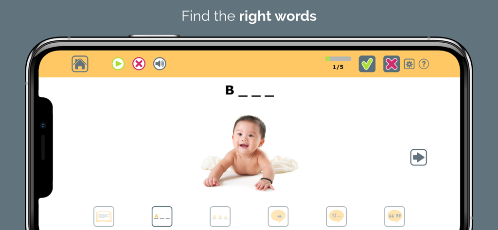 Tela de terapia de nomeação do Language Therapy Lite mostrando um exercício de busca por palavras com a imagem de um bebê