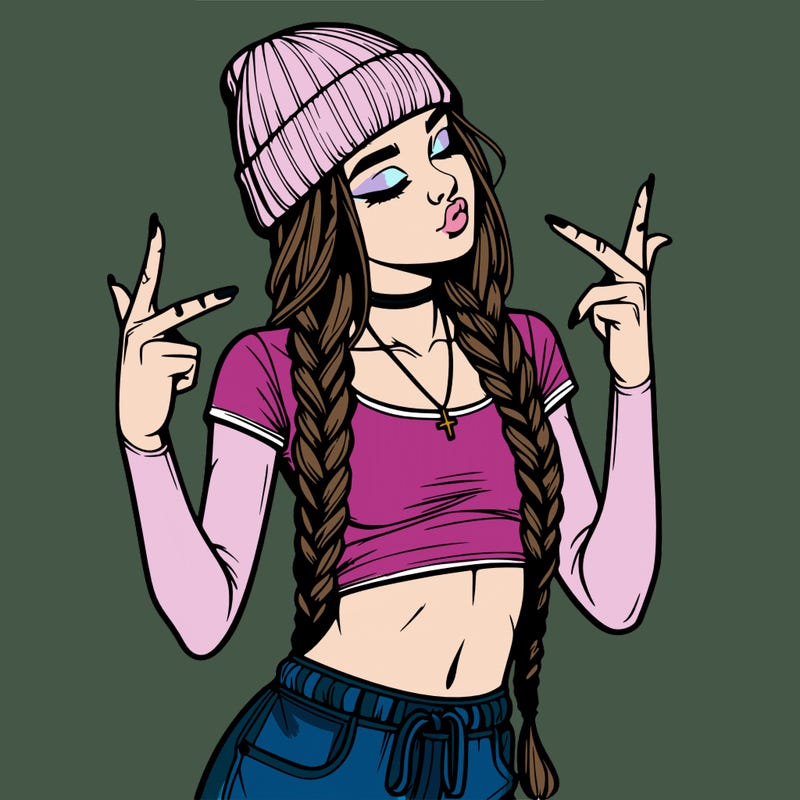 realistic teenage girl with braids and a beanie and crop top doing 🫶🏼