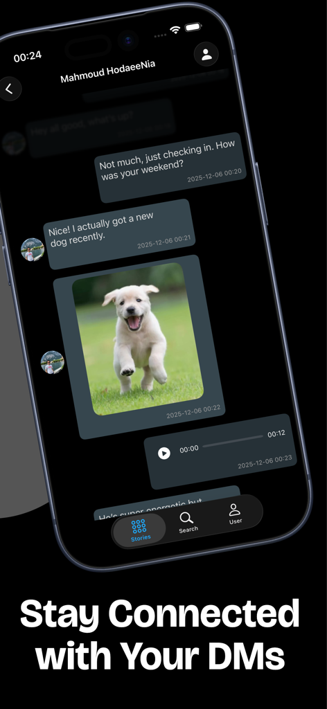 Interface of the Instory app showing a private direct message conversation including a photo and a voice message