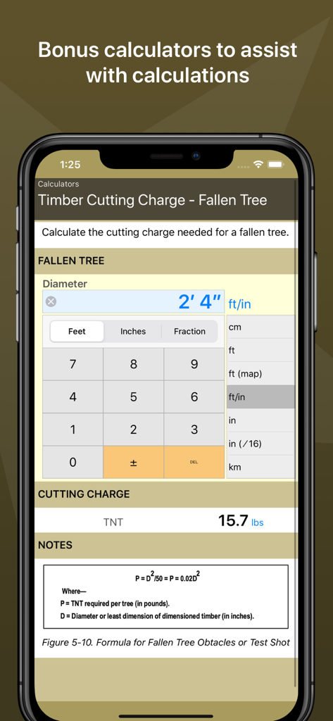 Interface of the Army Ranger Handbook app showing a timber cutting charge calculator for demolition operations.