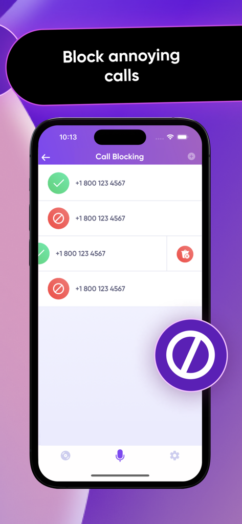 A smartphone screen displaying the REKK call blocking feature with a list of managed phone numbers.