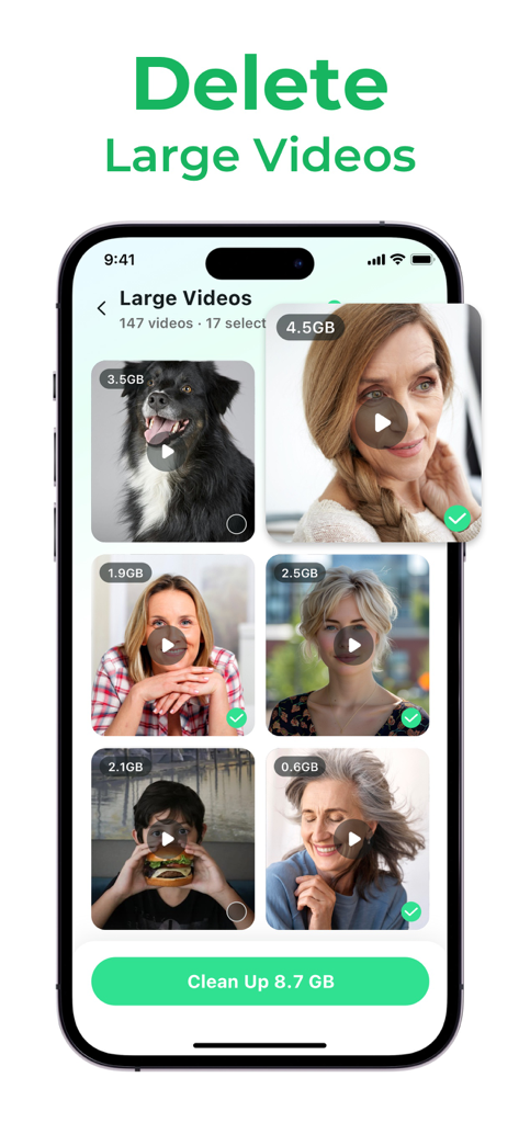 Cleaner Master:Storage Cleanup - Cleaner Master app screen for selecting and deleting large videos to free up storage space