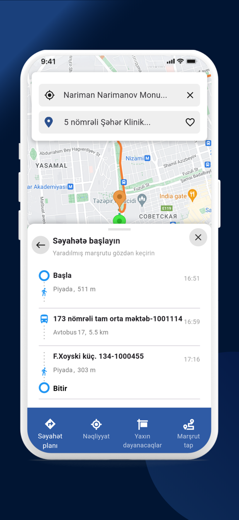 AYNA MaaS - La aplicación móvil AYNA MaaS muestra una ruta de navegación multimodal con etapas de autobús y a pie.