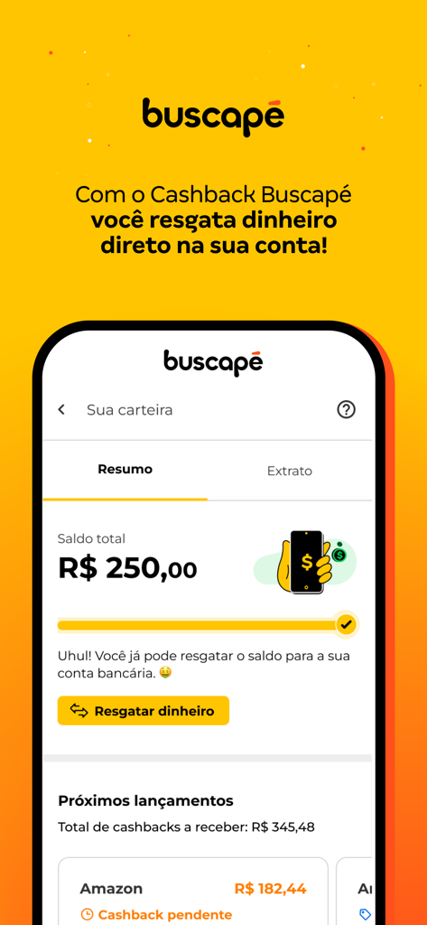 Buscapé: Comprar com Cashback - Screenshot der Buscapé-App, der die digitale Geldbörse mit dem gesamten Cashback-Guthaben und der Einlösungsoption zeigt