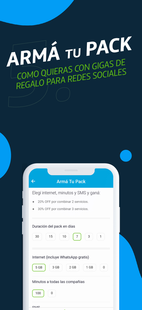 Interface do aplicativo Mi Movistar mostrando o recurso Armá Tu Pack para personalizar dados móveis e minutos