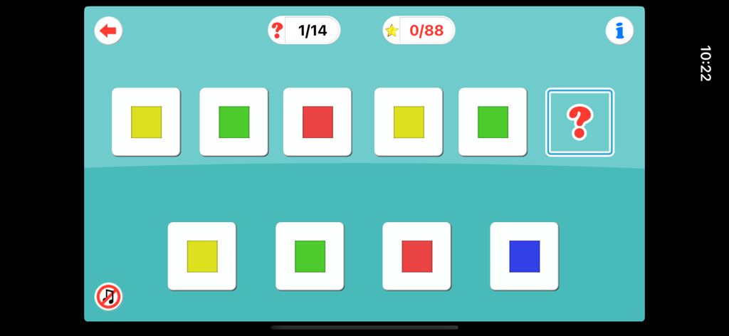 Sequences for Kids Pro - Educational game interface showing a color pattern sequence for kids to complete