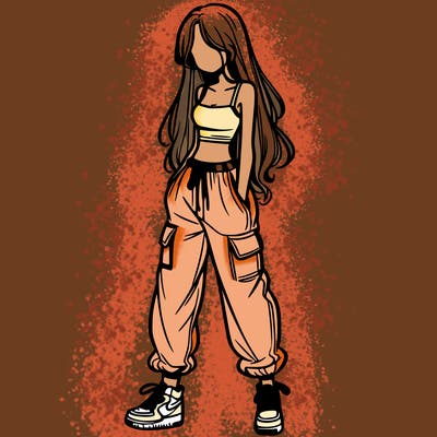 girl in baggy pants crop top and long hair