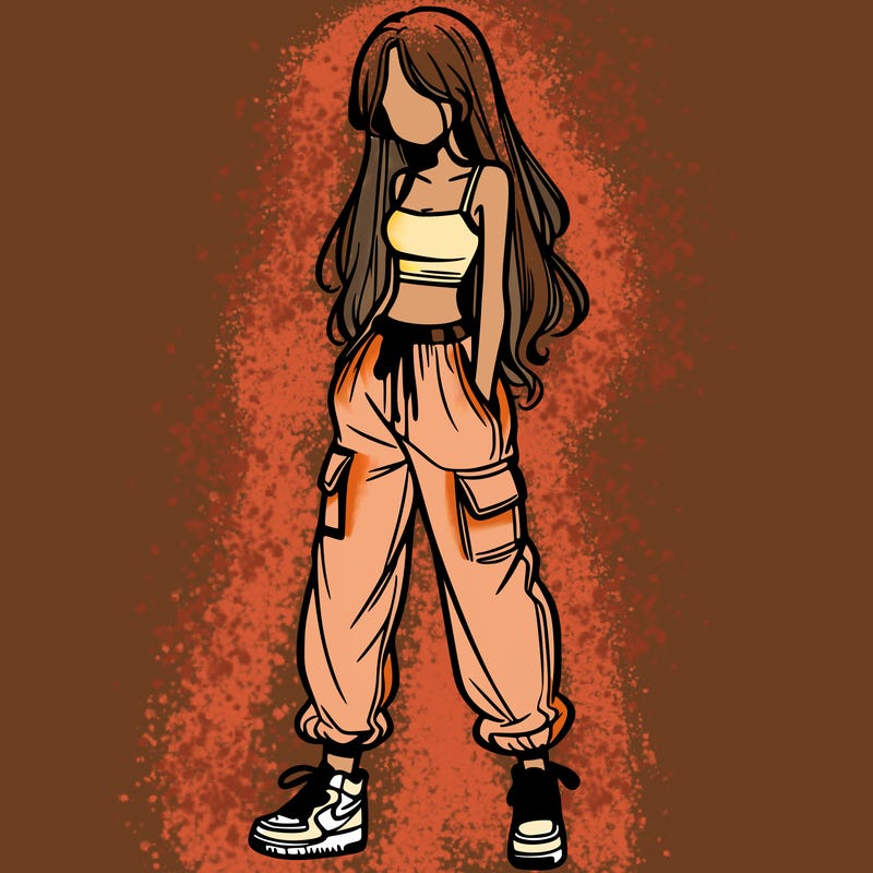 girl in baggy pants crop top and long hair