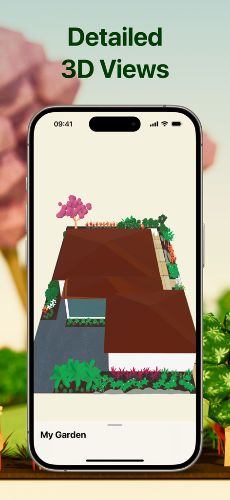 Flourish Garden - Detailed 3D visualization of a house and garden layout within the Flourish Garden app