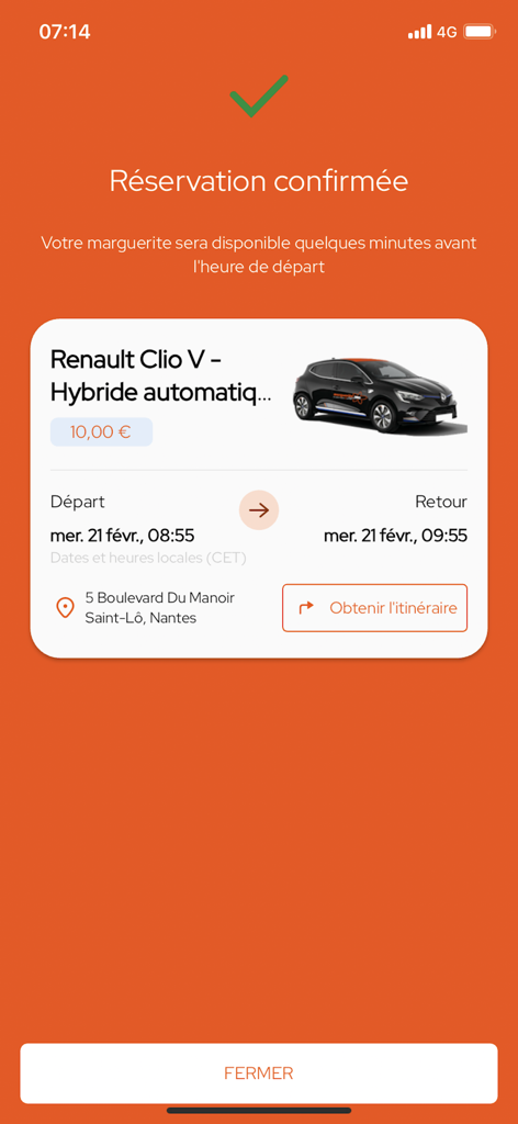 marguerite Autopartage Nantes - Marguerite Autopartage app screen showing a confirmed car reservation for a Renault Clio V in Nantes