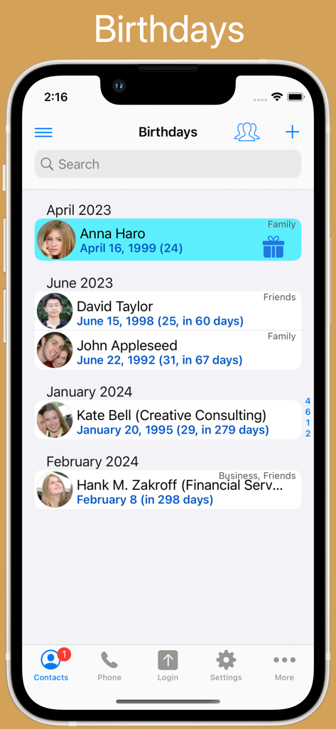 ContactsPro HX - Interface de l'application ContactsPro HX affichant une liste des anniversaires des contacts, classés par mois, avec les étiquettes d'âge et de groupe.