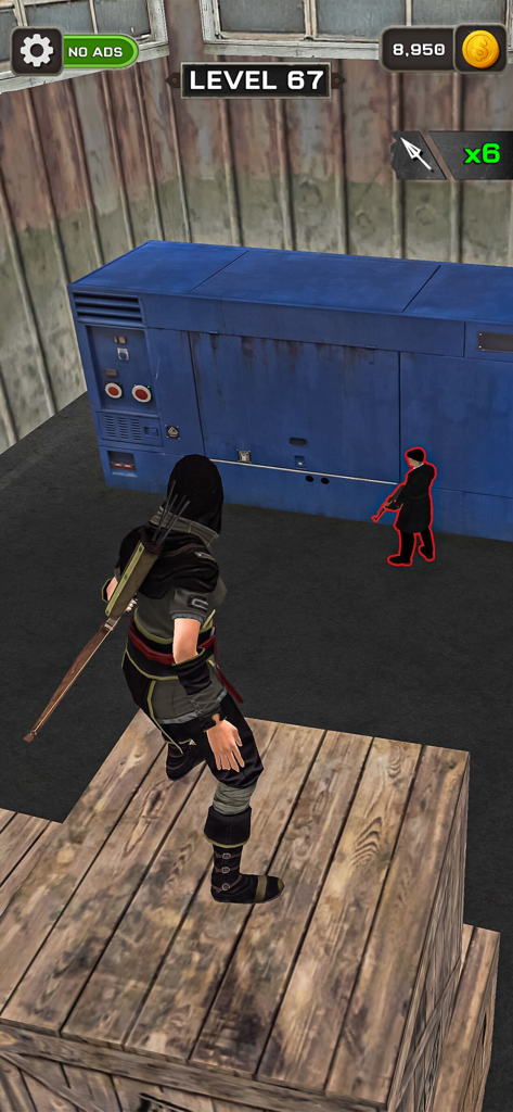 Archer Attack 3D: Shooter War - Gameplay d'Archer Attack 3D montrant un assassin archer sur des caisses en bois visant une cible près d'un générateur bleu