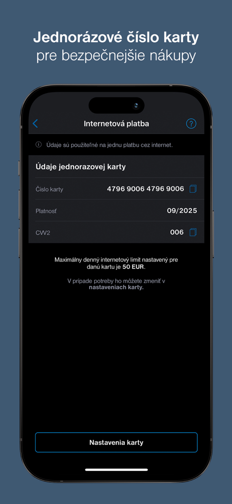 Tatra banka - Tatra banka app interface showing a virtual one-time card number for secure online shopping.