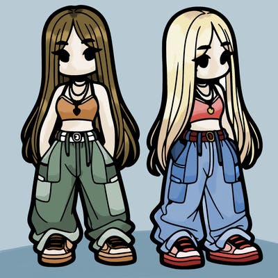 girl in baggy pants crop top and long hair