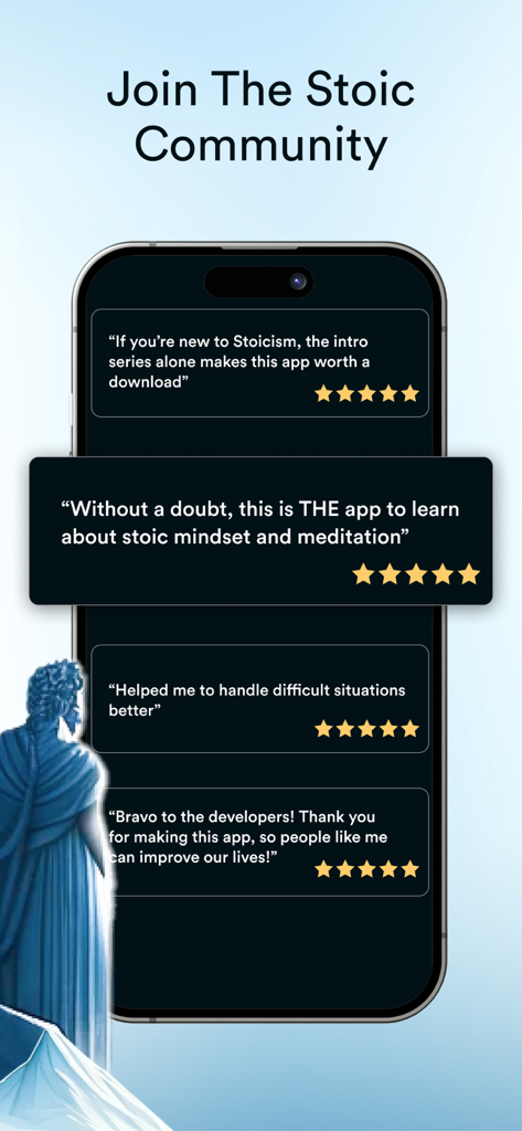A smartphone screen displaying positive five-star user reviews and testimonials for the Stoa meditation and philosophy app.