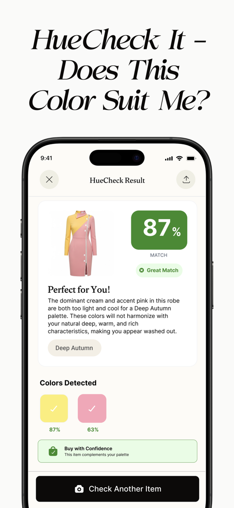 HueCheck: Color Analysis AI - A smartphone showing HueCheck AI color analysis results with an 87 percent match score for a dress.