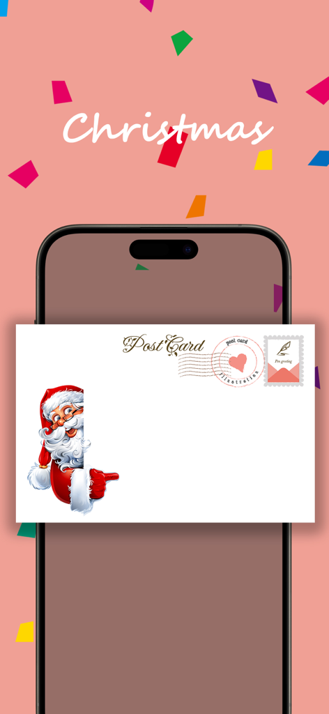 Pencil Greeting:Invites&eCards - Digital Christmas postcard template with Santa Claus and festive confetti.