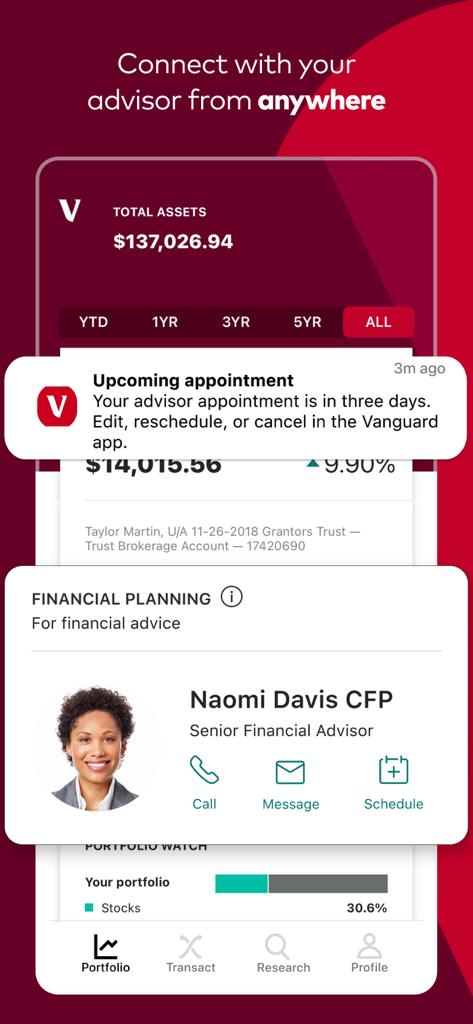 Vanguard: Save, Invest, Retire - Vanguard app interface showing total assets of 137 thousand dollars and a financial advisor profile for Naomi Davis CFP