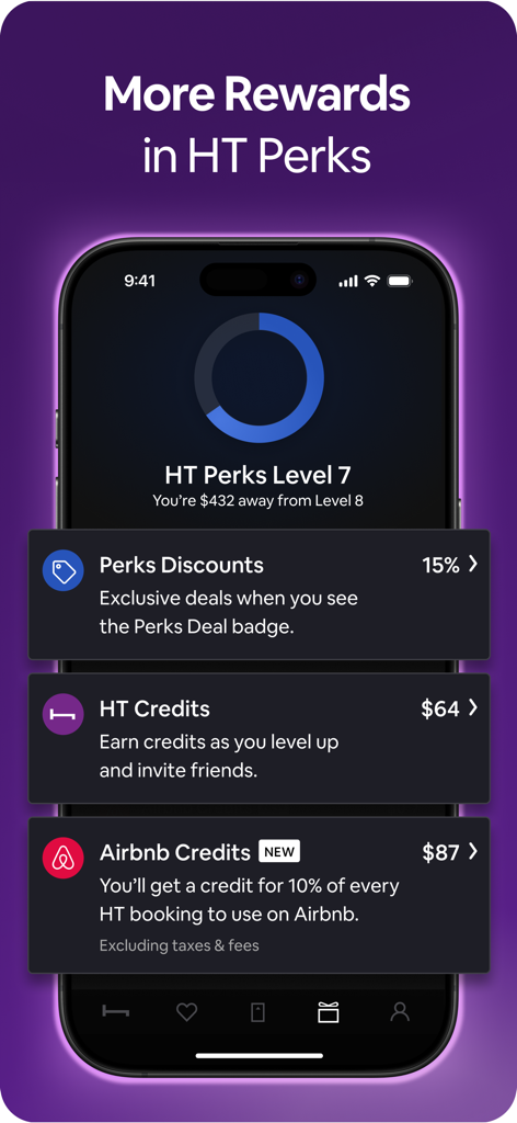 HotelTonight: Booking Deals - HotelTonight app screen showing HT Perks loyalty rewards including discounts, HT credits, and Airbnb credits
