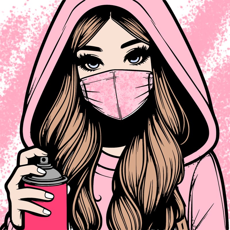 girl wearing a mask with long hair with her hood up spray-painting realistic