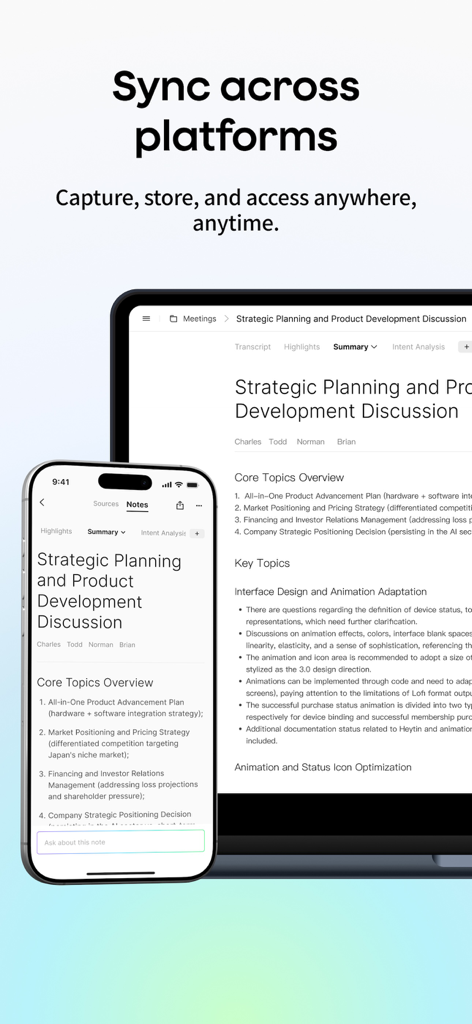 Plaud KI-Notiznehmer App zeigt synchronisierte Besprechungsnotizen auf einem iPhone und einem Laptop