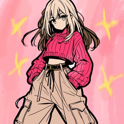 anime teen girl with baggy pants and crop top with sweater