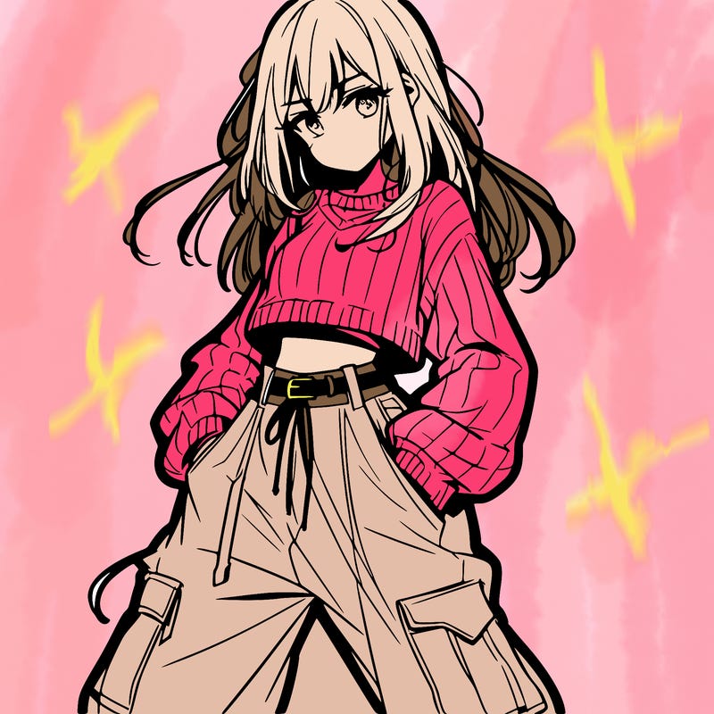 anime teen girl with baggy pants and crop top with sweater