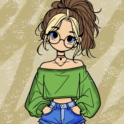 girl with a messy ponytail glasses a baggy crop top and jean shorts