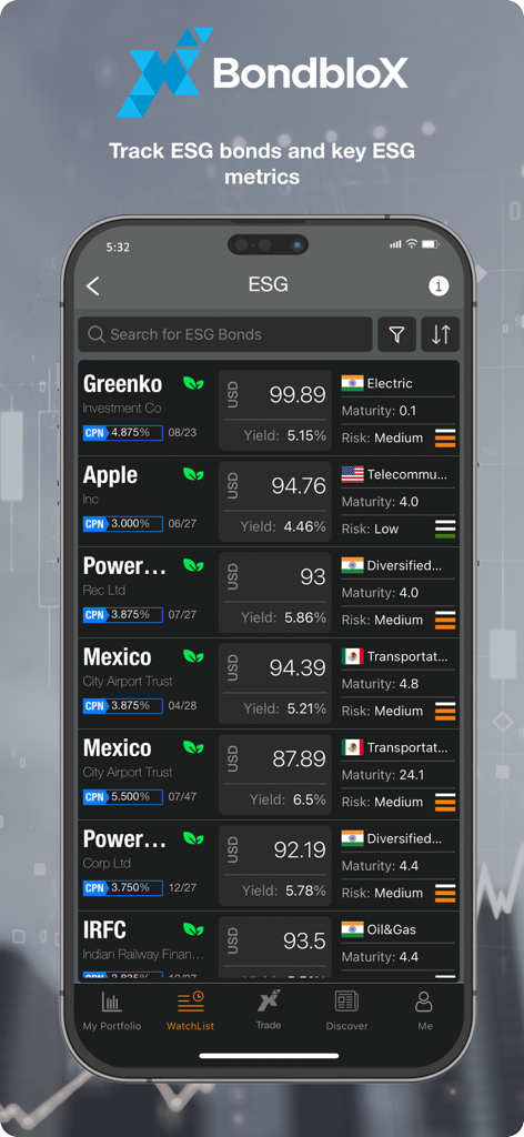 BondbloX app interface showing ESG bond watchlist and metrics