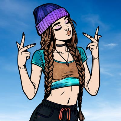 realistic teenage girl with braids and a beanie and crop top doing 🫶🏼