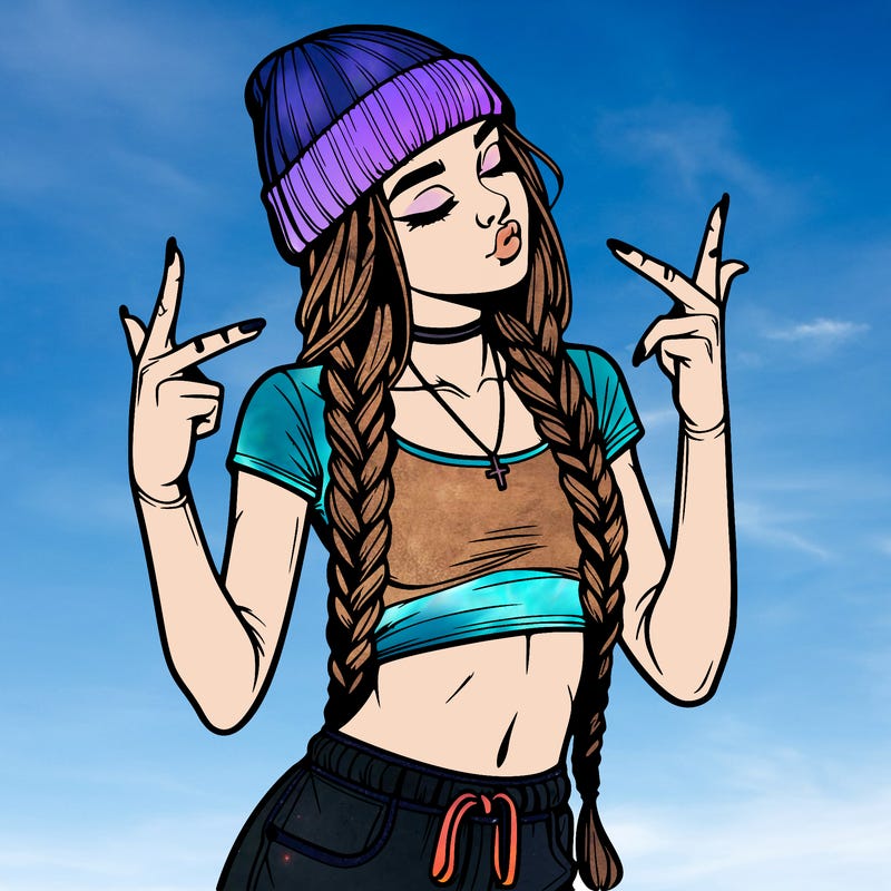 realistic teenage girl with braids and a beanie and crop top doing 🫶🏼