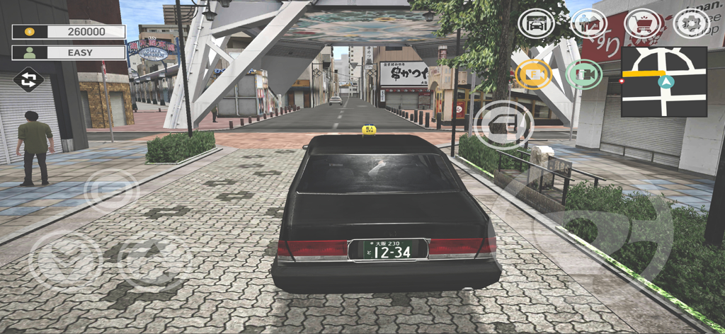 Japan Taxi Simulator : Driving - A black taxi driving through a detailed Japanese street in the Japan Taxi Simulator game